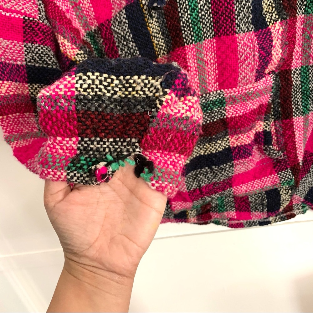 - PLAID Vintage 80s 90s Mexican Surfer Baja Pullover Hoodie / woven poncho - Picture 5 of 6